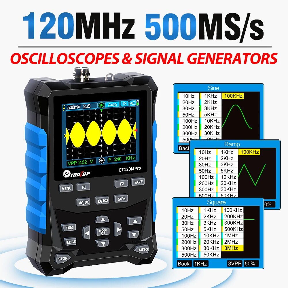 Digital Storage Oscilloscope 100Mhz - TOOLTOP ET120MPro Portable 120MHz 500MS/s Digital